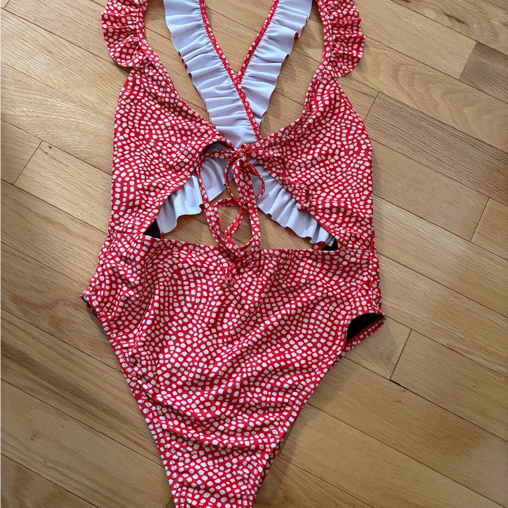 NASTYGAL Red One-Piece Swimsuit with Ruffle Trim
